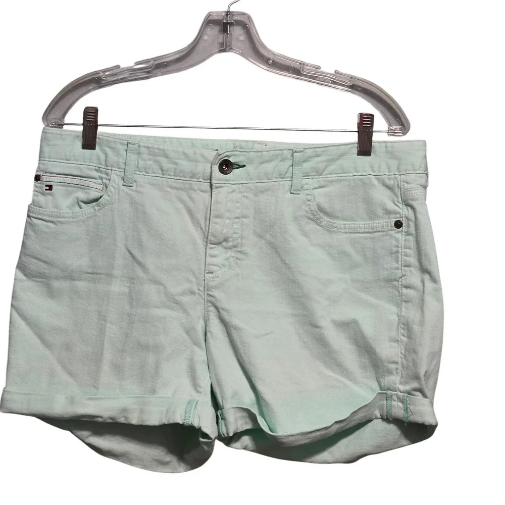 Tommy Hilfiger Womens Mint Green Cuffed Denim Chino Shorts Mid Rise Size 12
